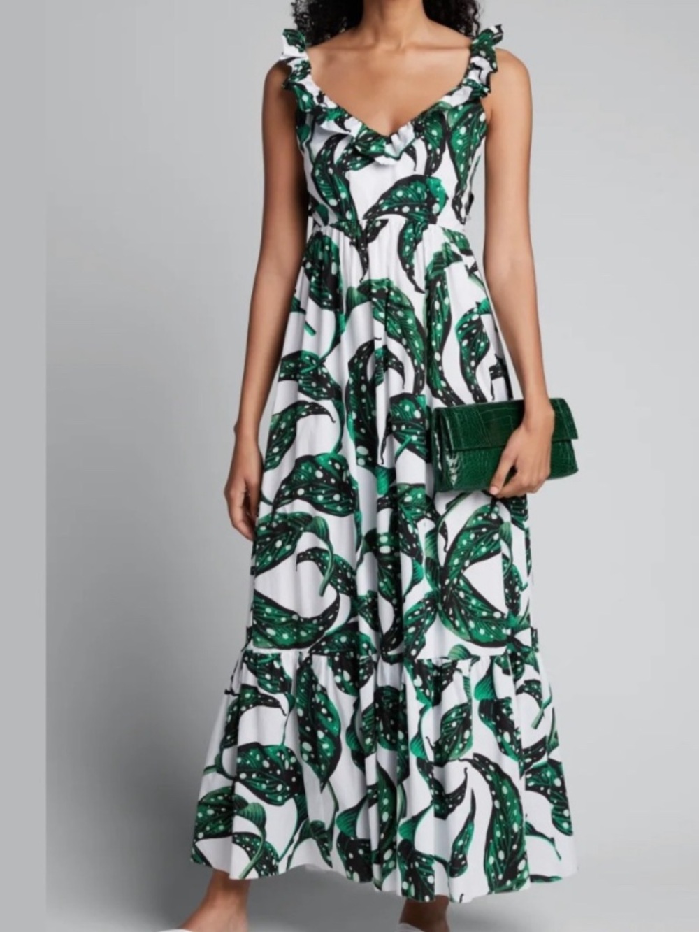 Borgo De Nor Liya Leaf Print Ruffled Tie-back V-neck Maxi Dress size 8